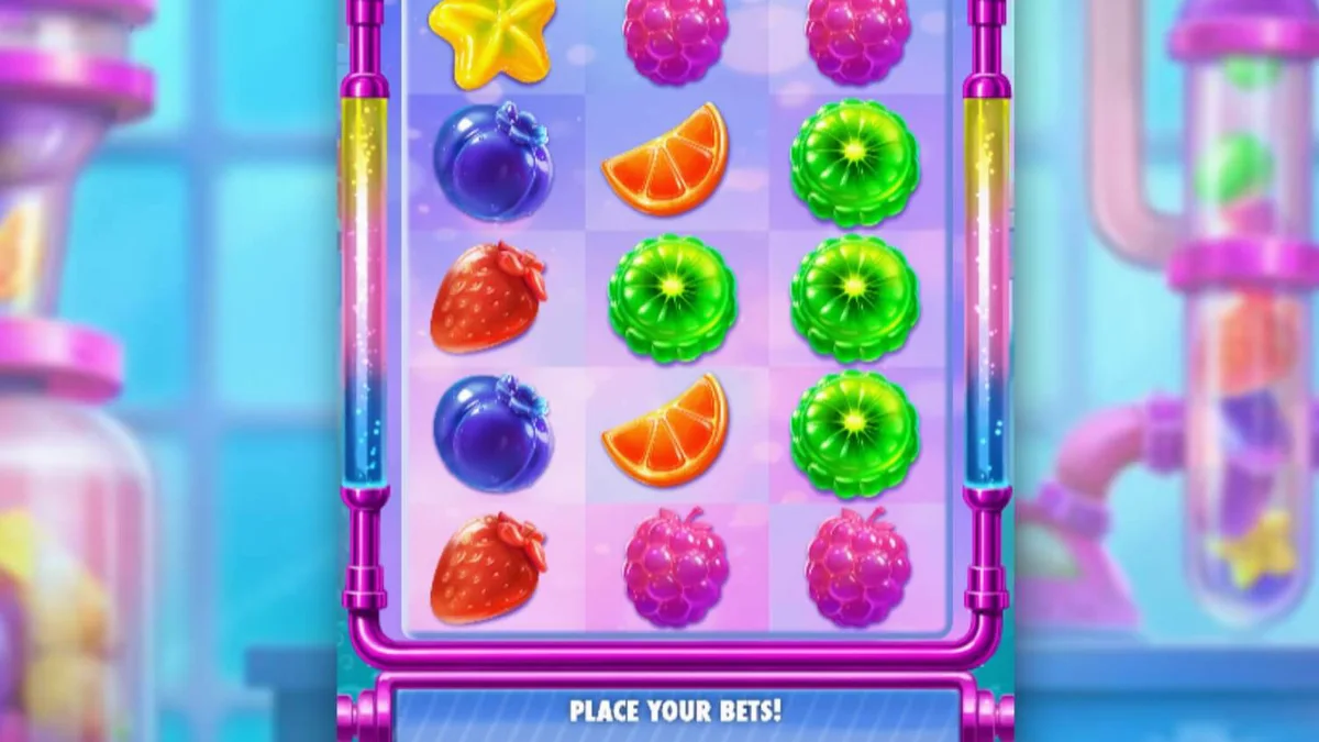 หน้าจอเกมสล็อต Sweet Burst ที่มีธีมโรงงานลูกกวาดและผลไม้สีสันสดใส
