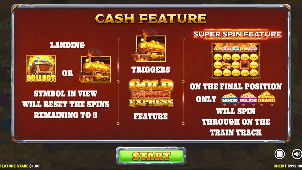 Gold Strike Express slot machine interface featuring mining theme and train track